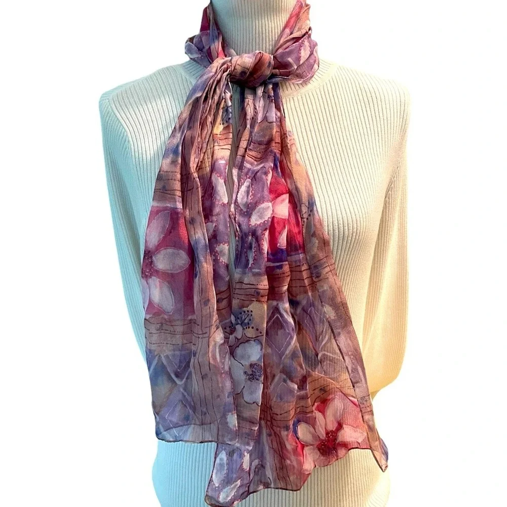 Vintage Cottagecore‎ Floral Scarf Pink Purple Sheer Quiet Luxury Capsule  13x58